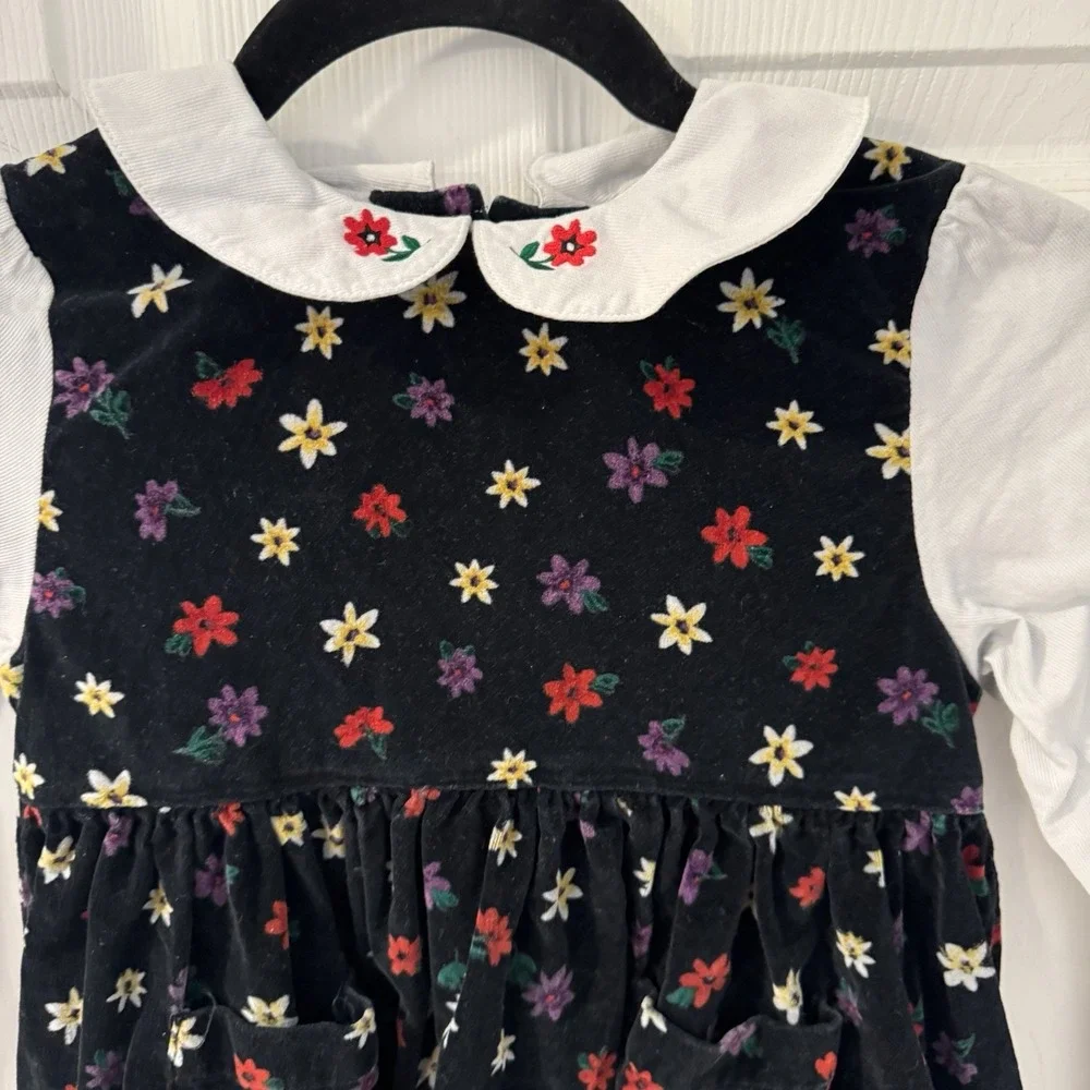 Osh Kosh B'Gosh Sz 6 Corduroy Jumper Dress 100% Cotton USA Black White Floral‎